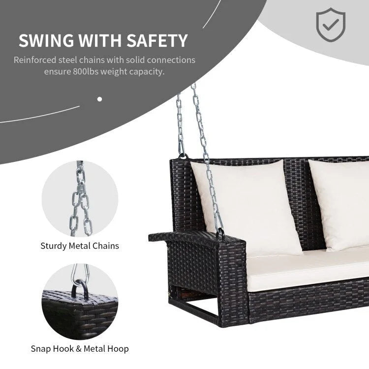 2-Person Wicker Hanging Porch Swing with 2 Back Cushions and 1 Seat Cushion - 50 x 22 x 20.5 (L x W x H)