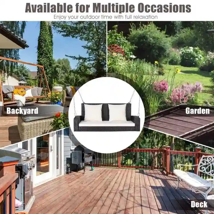 2-Person Wicker Hanging Porch Swing with 2 Back Cushions and 1 Seat Cushion - 50 x 22 x 20.5 (L x W x H)