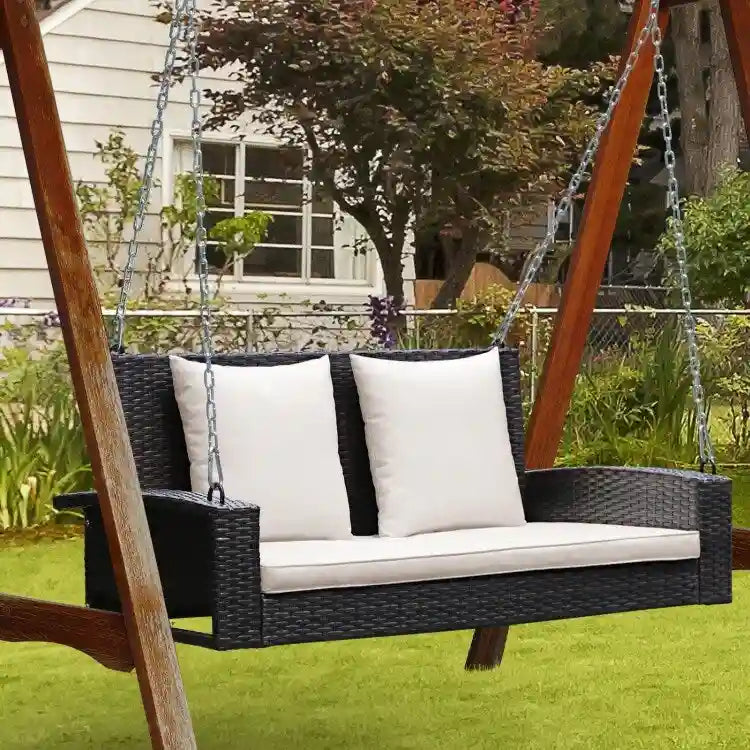 2-Person Wicker Hanging Porch Swing with 2 Back Cushions and 1 Seat Cushion - 50 x 22 x 20.5 (L x W x H)