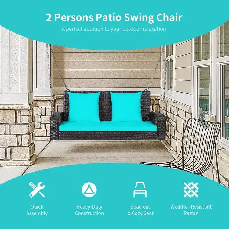 2-Person Wicker Hanging Porch Swing with 2 Back Cushions and 1 Seat Cushion - 50 x 22 x 20.5 (L x W x H)