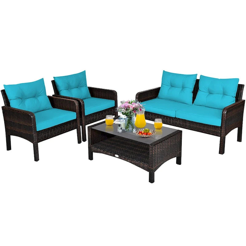 Costway 4PCS Patio Rattan Furniture Set Loveseat Sofa Coffee Table - 28 x26 x29