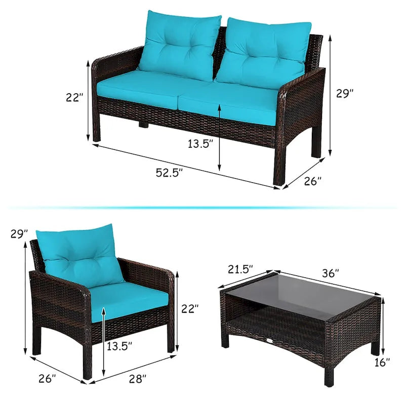 Costway 4PCS Patio Rattan Furniture Set Loveseat Sofa Coffee Table - 28 x26 x29