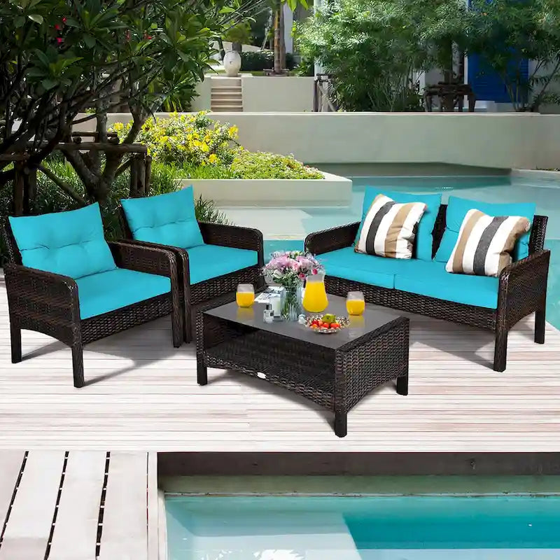 Costway 4PCS Patio Rattan Furniture Set Loveseat Sofa Coffee Table - 28 x26 x29