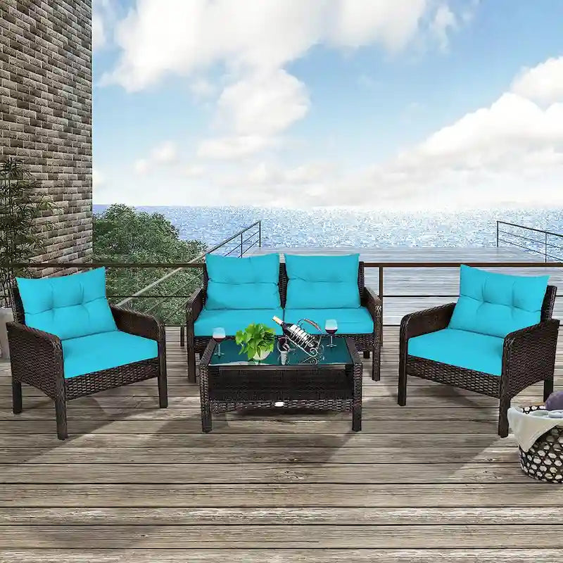 Costway 4PCS Patio Rattan Furniture Set Loveseat Sofa Coffee Table - 28 x26 x29