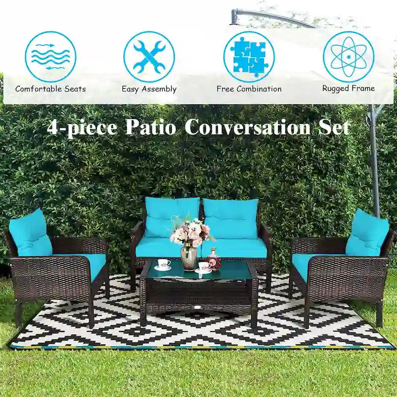 Costway 4PCS Patio Rattan Furniture Set Loveseat Sofa Coffee Table - 28 x26 x29