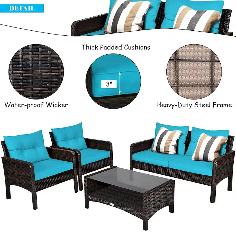 Costway 4PCS Patio Rattan Furniture Set Loveseat Sofa Coffee Table - 28 x26 x29