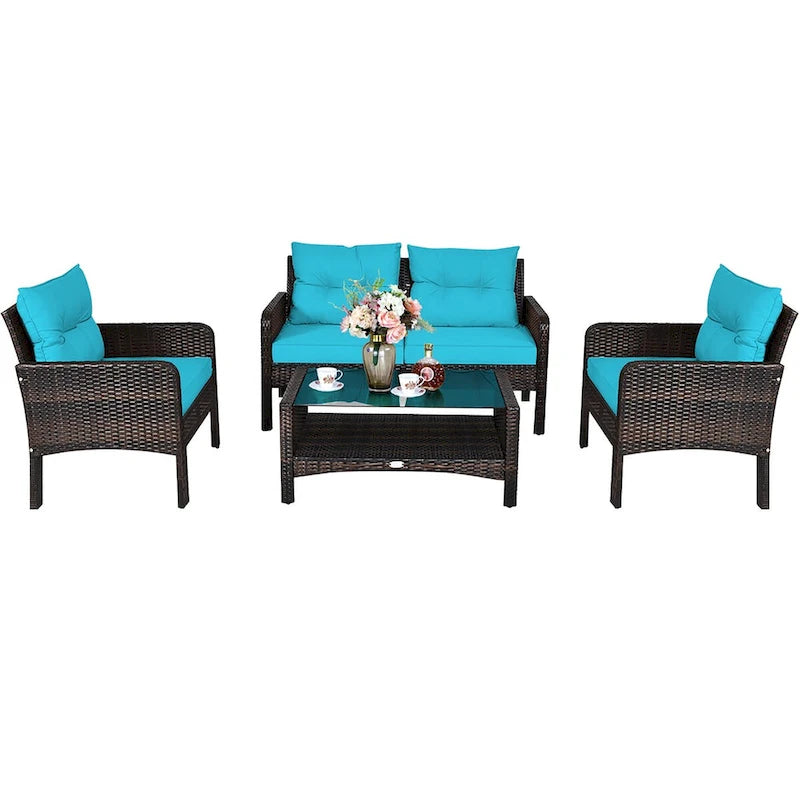 Costway 4PCS Patio Rattan Furniture Set Loveseat Sofa Coffee Table - 28 x26 x29