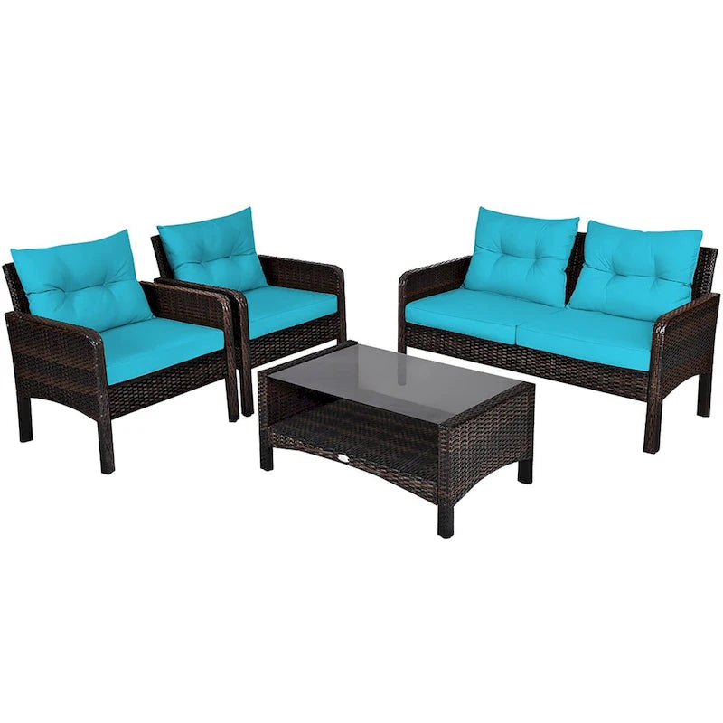 Costway 4PCS Patio Rattan Furniture Set Loveseat Sofa Coffee Table - 28 x26 x29