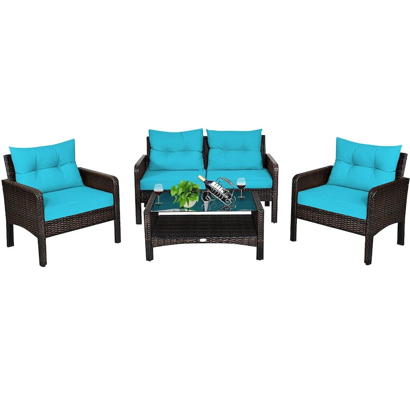 Costway 4PCS Patio Rattan Furniture Set Loveseat Sofa Coffee Table - 28 x26 x29