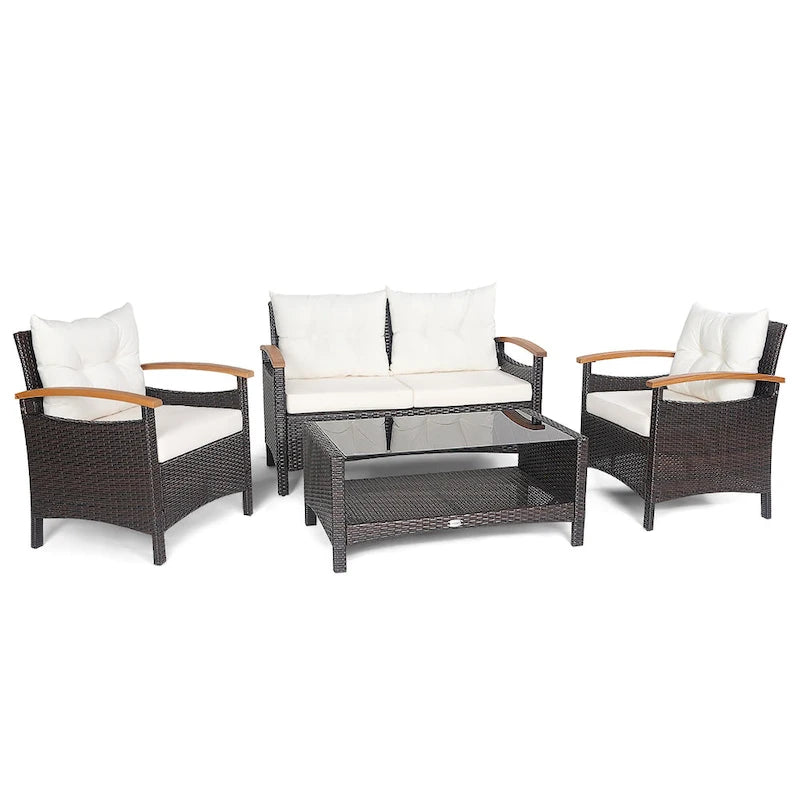 Costway 4PCS Patio Rattan Furniture Set Cushioned Sofa Storage Table