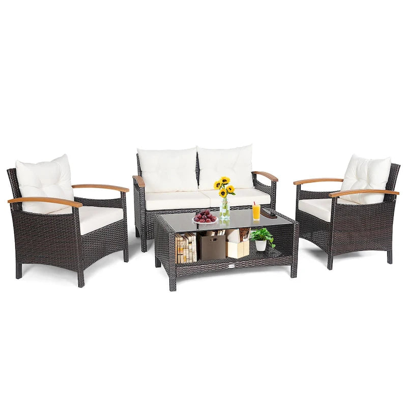 Costway 4PCS Patio Rattan Furniture Set Cushioned Sofa Storage Table