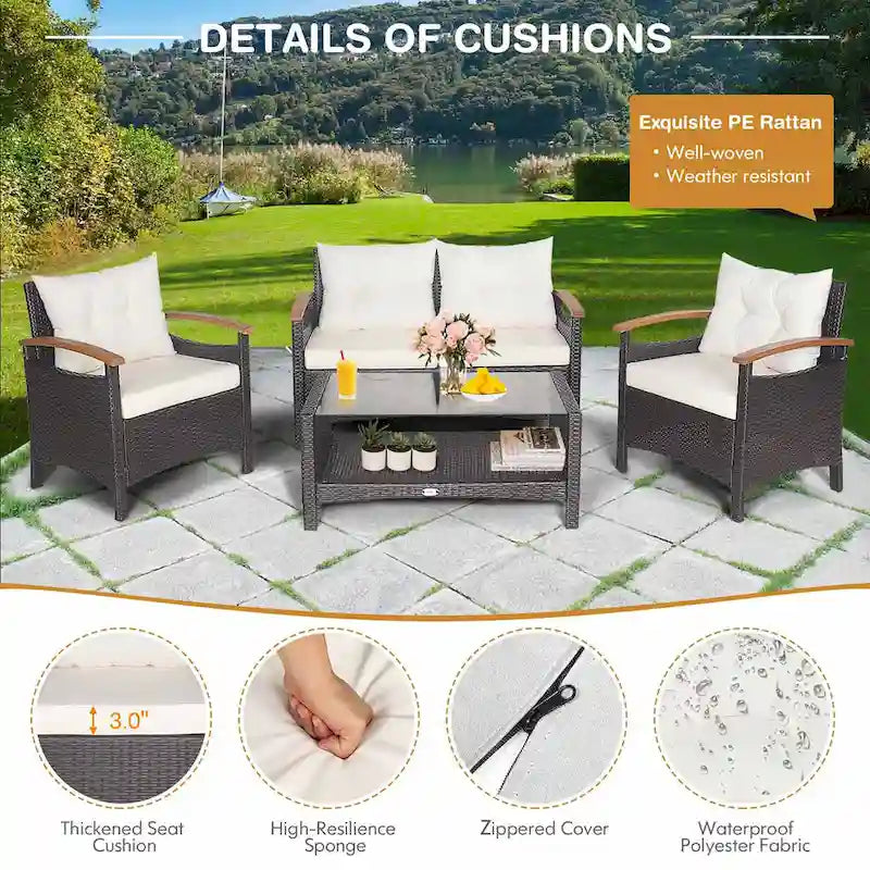 Costway 4PCS Patio Rattan Furniture Set Cushioned Sofa Storage Table