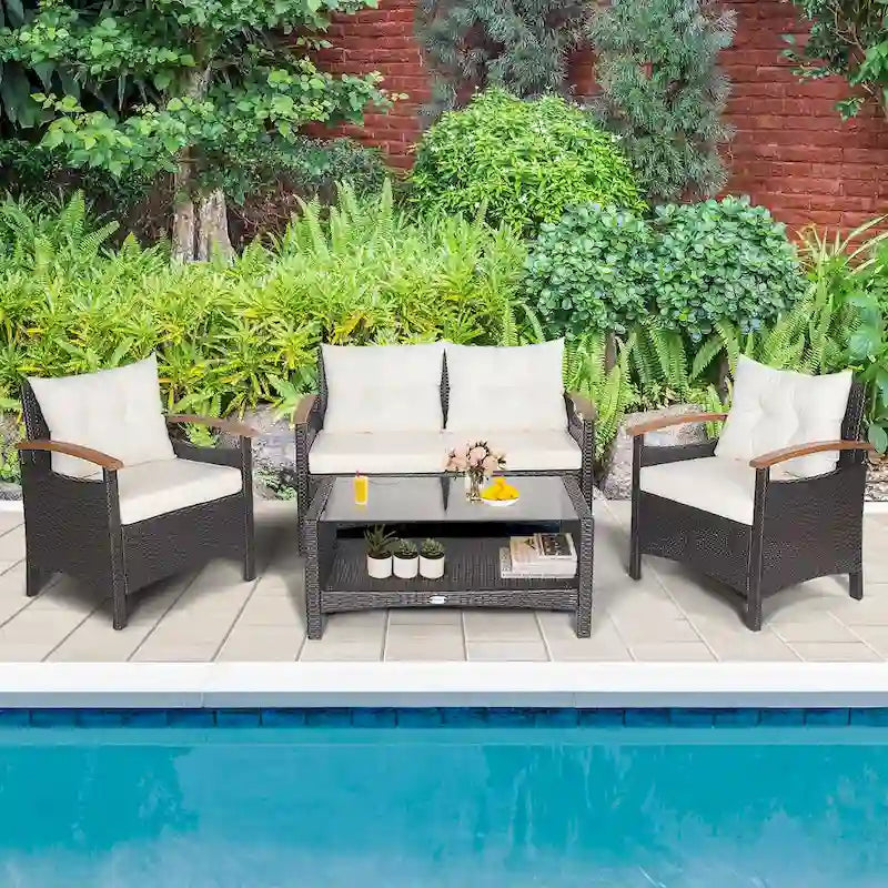 Costway 4PCS Patio Rattan Furniture Set Cushioned Sofa Storage Table