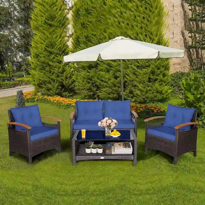 Costway 4PCS Patio Rattan Furniture Set Cushioned Sofa Storage Table