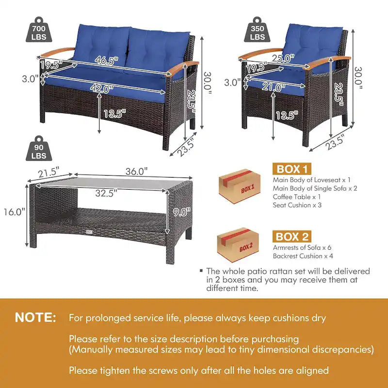 Costway 4PCS Patio Rattan Furniture Set Cushioned Sofa Storage Table