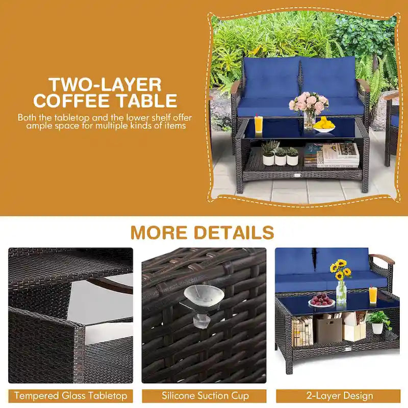 Costway 4PCS Patio Rattan Furniture Set Cushioned Sofa Storage Table