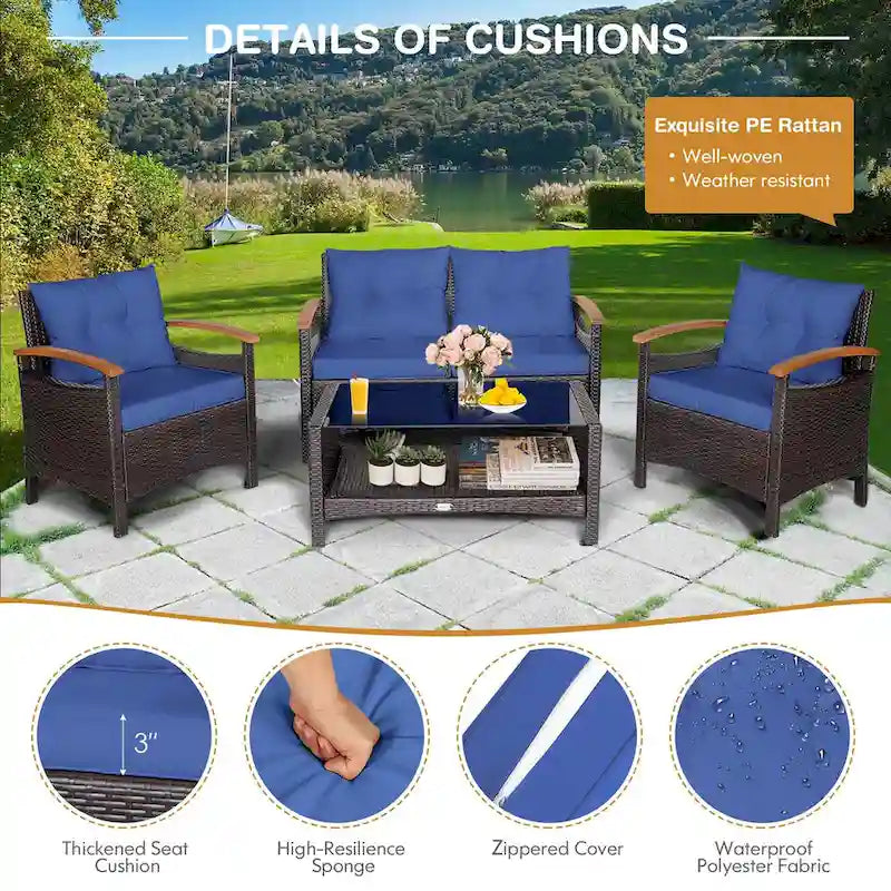 Costway 4PCS Patio Rattan Furniture Set Cushioned Sofa Storage Table