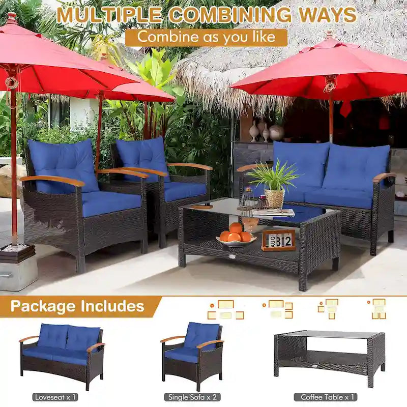Costway 4PCS Patio Rattan Furniture Set Cushioned Sofa Storage Table