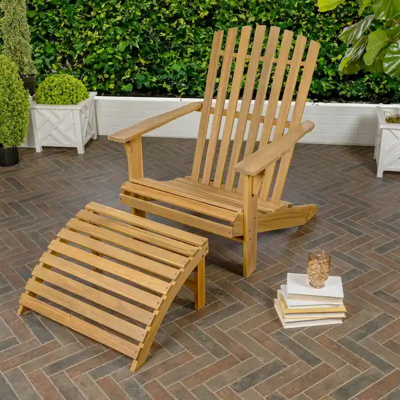 Shoreham 2-Piece Traditional Rustic Acacia Wood Adirondack Chair with Detachable Ottoman, by JONATHAN Y