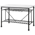 Kitchen Island with Marble Top and Slatted Shelf, Black and White