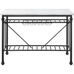 Kitchen Island with Marble Top and Slatted Shelf, Black and White