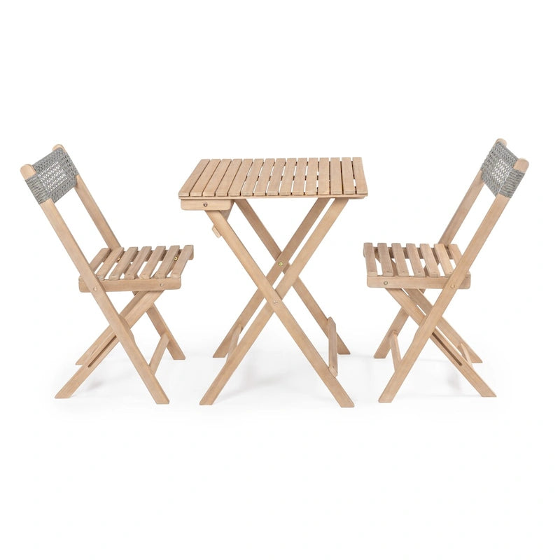 Trabuco Modern Mid-Century 3-Piece Roped Acacia Wood Outdoor Folding Bistro Set, Gray/Light Teak by JONATHAN Y