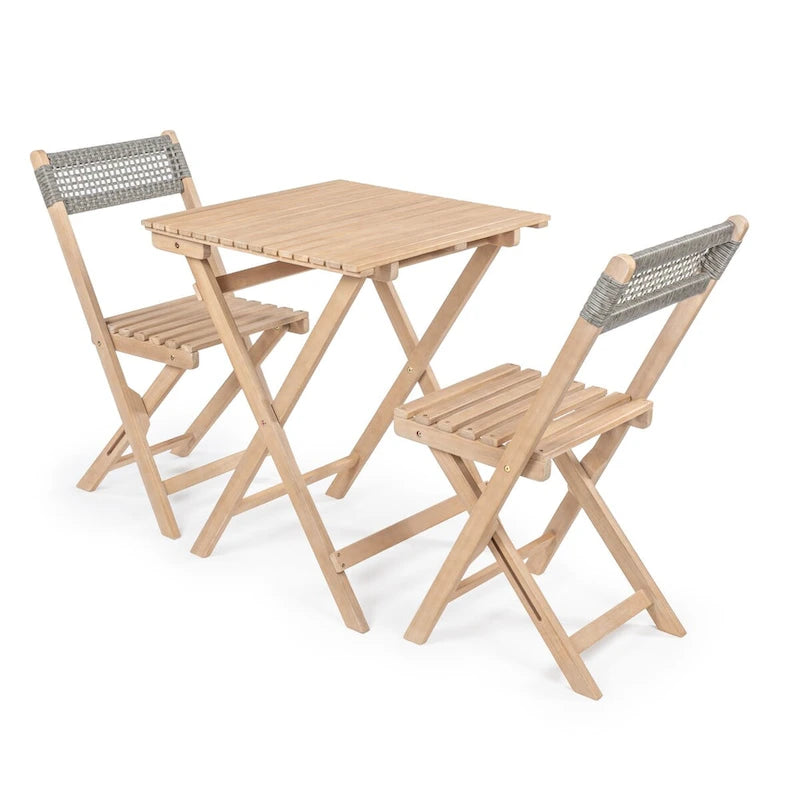 Trabuco Modern Mid-Century 3-Piece Roped Acacia Wood Outdoor Folding Bistro Set, Gray/Light Teak by JONATHAN Y