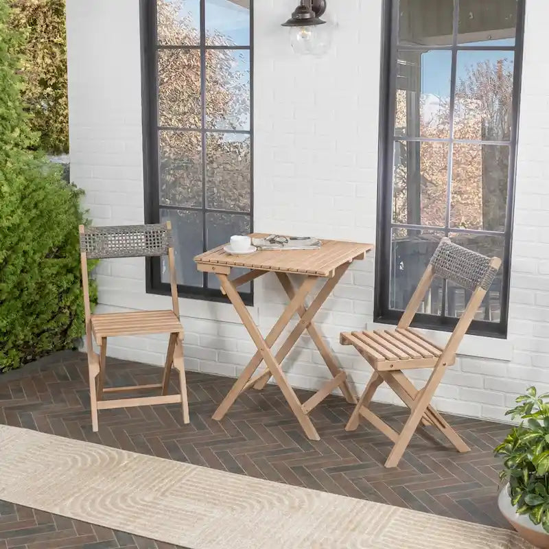 Trabuco Modern Mid-Century 3-Piece Roped Acacia Wood Outdoor Folding Bistro Set, Gray/Light Teak by JONATHAN Y