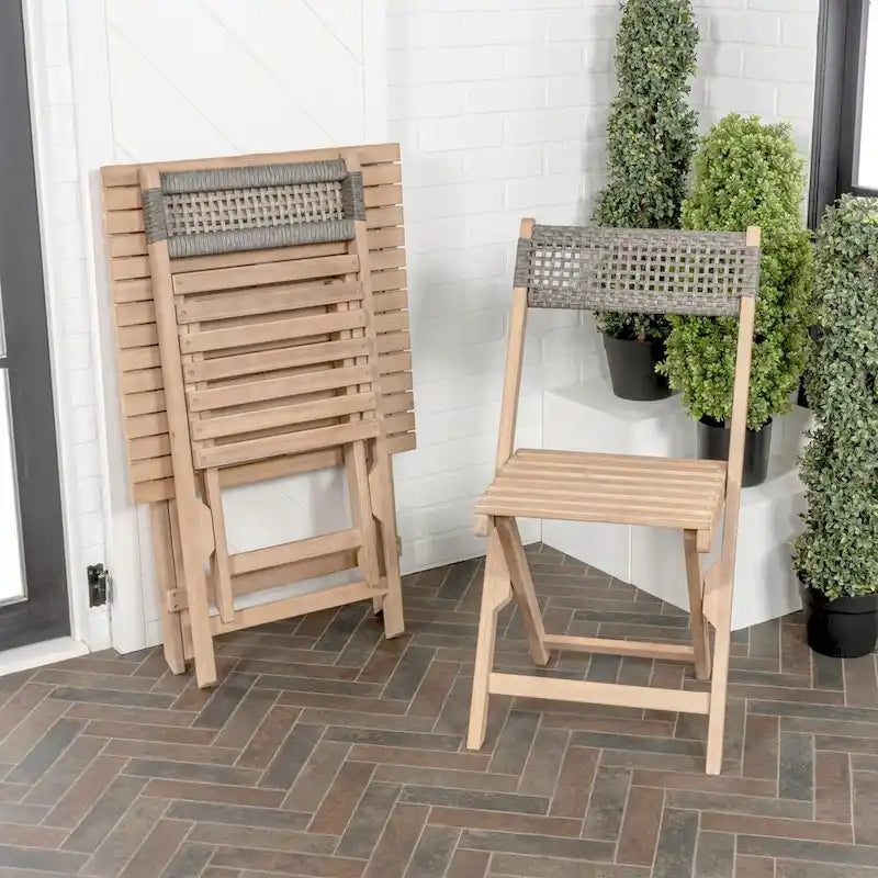 Trabuco Modern Mid-Century 3-Piece Roped Acacia Wood Outdoor Folding Bistro Set, Gray/Light Teak by JONATHAN Y