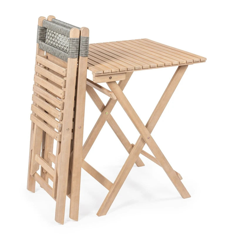 Trabuco Modern Mid-Century 3-Piece Roped Acacia Wood Outdoor Folding Bistro Set, Gray/Light Teak by JONATHAN Y