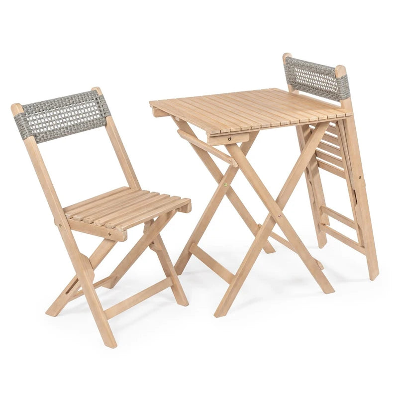 Trabuco Modern Mid-Century 3-Piece Roped Acacia Wood Outdoor Folding Bistro Set, Gray/Light Teak by JONATHAN Y