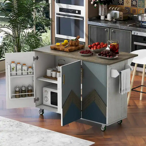 47 Retro Wood Kitchen Island with Drop Leaf, Farmhouse Style on Wheels, Internal Storage
