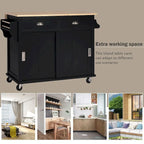 Rubberwood Folding Countertop Kitchen Cart with 2 Drawers and Storage Cabinet
