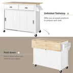 Rubberwood Folding Countertop Kitchen Cart with 2 Drawers and Storage Cabinet