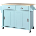 Kitchen Cart with Rubber wood Drop-Leaf Countertop, sliding barn door