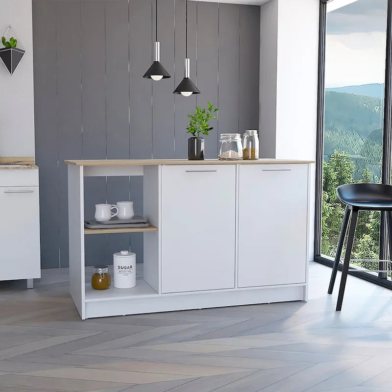 Kitchen Island, Four Open Shelves, Two Cabinets -Light Oak / White