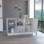 Kitchen Island, Four Open Shelves, Two Cabinets -Light Oak / White