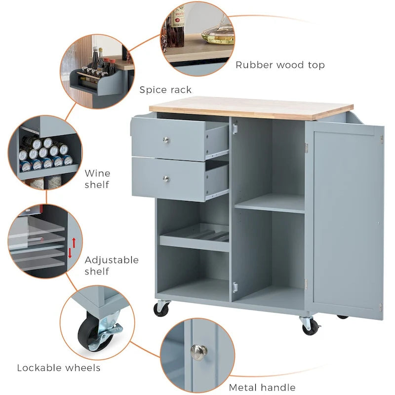 41.3 in. Rolling Kitchen Island with Spice Rack and Two Drawers