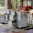 Rubberwood Kitchen Cart with Drop Leaf, Internal Storage Rack, Spice Rack, 2 Slide-Out Shelf, and 3 drawer