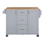 Rubberwood Kitchen Cart with Drop Leaf, Internal Storage Rack, Spice Rack, 2 Slide-Out Shelf, and 3 drawer