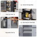 Rubberwood Kitchen Cart with Drop Leaf, Internal Storage Rack, Spice Rack, 2 Slide-Out Shelf, and 3 drawer