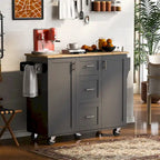 Rubberwood Kitchen Cart with Drop Leaf, Internal Storage Rack, Spice Rack, 2 Slide-Out Shelf, and 3 drawer