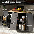 Rubberwood Kitchen Cart with Drop Leaf, Internal Storage Rack, Spice Rack, 2 Slide-Out Shelf, and 3 drawer