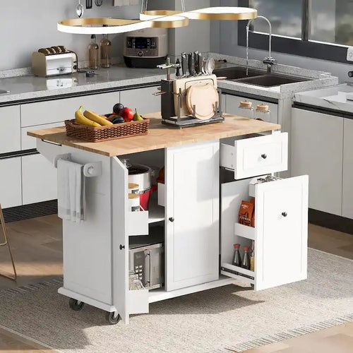 53.9 Width Rolling Kitchen Island with Drop Leaf and 3 Tier Pull Out Cabinet
