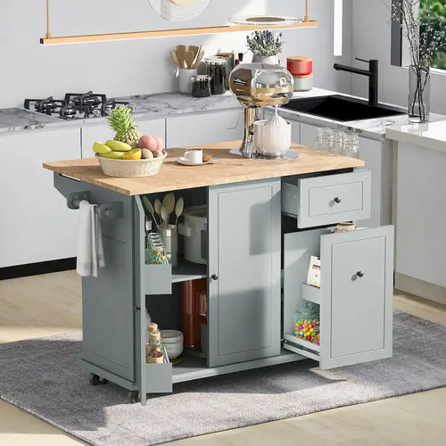 53.9 Width Rolling Kitchen Island with Drop Leaf and 3 Tier Pull Out Cabinet