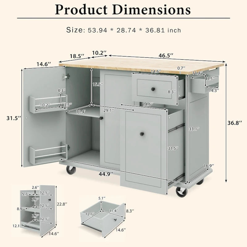 53.9 Width Rolling Kitchen Island with Drop Leaf and 3 Tier Pull Out Cabinet