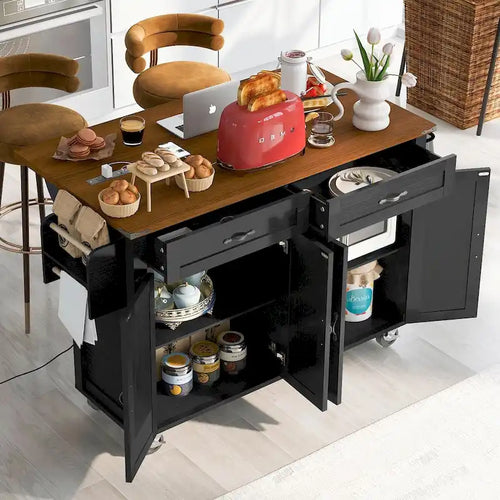 53.5 Farmhouse Kitchen Island - Power Outlet, Drop Leaf, Spice Rack, Drawer, Rolling Cart on Wheels