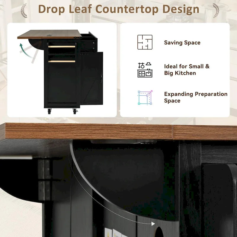 53.5 Farmhouse Kitchen Island - Power Outlet, Drop Leaf, Spice Rack, Drawer, Rolling Cart on Wheels