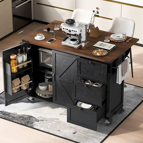 54.5 Farmhouse Kitchen Island with Power Outlet, Kitchen Storage Island with Internal Storage Rack, Drop Leaf, Spice Rack