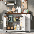 54.5 Farmhouse Kitchen Island with Power Outlet, Kitchen Storage Island with Internal Storage Rack, Drop Leaf, Spice Rack